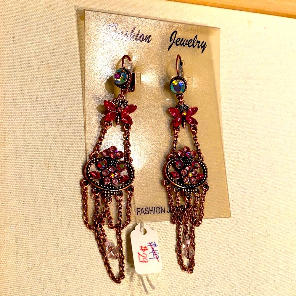 PINK RHINESTONE DANGLING BUTTERFLY EARRINGS
